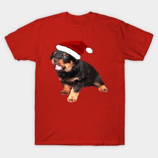 Cute Rottweiler Puppy Wearing Cartoon Santa Hat T-Shirt